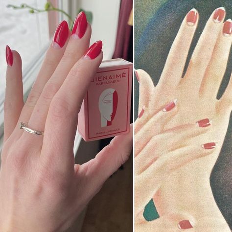 Cathrine 💐 on Instagram: "1930s manicure!♥️ 💅 #1930smanicure #manicure #halfmoonmanicure #1930snails #nails" 1930s Nails Moon Manicure, Vintage Half Moon Nails, 1940 Nails, 1950 Nails Design, 50s Nails Vintage, 1950s Nails Ideas, 1930s Nails, 1950s Manicure, 1930s Manicure