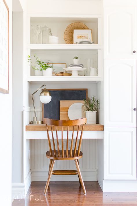 Summer Home Tour | Relaxed Modern Farmhouse Kitchen - A Burst of Beautiful- built in kitchen desk Farmhouse Bookshelf, Desk Nook, Kitchen Desks, Smart Tiles, Office Nook, Study Nook, Bookshelf Design, Desk Areas, Classic Kitchen