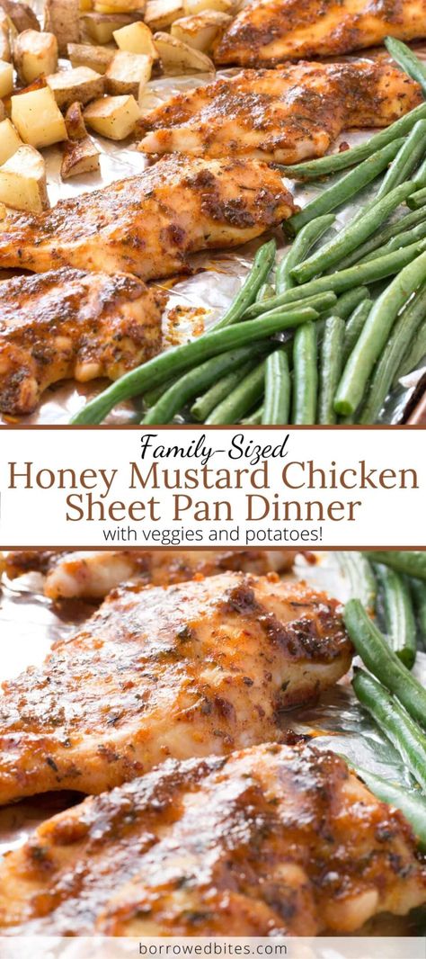 Chicken sheet pan dinners are a dream on a busy weeknight! This Honey Mustard Chicken Sheet Pan Dinner (with veggies and potatoes) won’t disappoint! The sauce is loaded with flavor for a sweet and savory dinner that’s accidentally healthy. Plus tips for keeping the chicken breasts juicy and the veggies perfectly roasted whether cooking for a large or small family. #sheetpan #sheetpandinners #sheetpanrecipes #easyrecipe #easydinner #chicken #chickenfoodrecipes #easyhealthymeals #weeknightdinner # Sheet Pan Honey Glazed Chicken And Potatoes, Easy Healthy Tasty Dinner Recipes, Chicken And Vegetable Dinner Ideas, Potatoe And Chicken Sheet Pan, Veggie Plate Dinner Ideas, Sheet Pan Chicken Marinade, Sheet Pan Chicken Veggies And Potatoes, One Sheet Pan Meals Chicken Healthy, Keto Chicken Sheet Pan Dinner