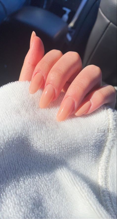 A natural, nude/pink, dip powder manicure done by Isabella Hagen. Round, almond shaped, nails with medium-long length. Fuzzy white background. Homecoming Nails Natural, Sophisticated Summer Nails, Plain Medium Acrylic Nails, Sheer Peach Nails, Freshman Nails, College Nails Ideas, Nude Peach Nails, Peach Nude Nails, Plain Nude Nails