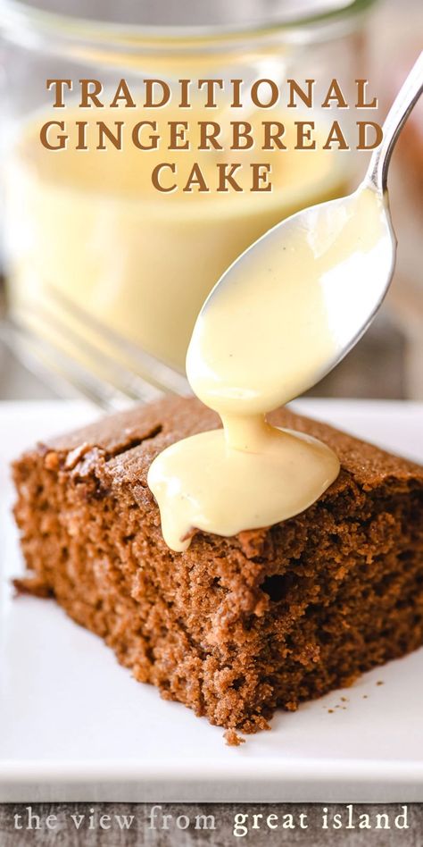 Classic old fashioned gingerbread cake, not too sweet or too spicy ~ this moist snack cake is perfect drizzled with warm vanilla custard sauce! Old Fashioned Gingerbread Cake, Vanilla Custard Sauce, Old Fashioned Gingerbread, Baking Deserts, Gingerbread Recipes, Gingerbread Cake Recipe, Classic Old Fashioned, Custard Sauce, Snack Cakes