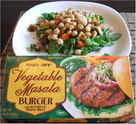 TJ's Masala Burger Veggie Burger Salad, Trader Joes Vegetarian, Vegan Veggie Burger, Vegetable Masala, Trader Joes Vegan, Vegan Patties, Burger Salad, Lazy Vegan, Trader Joes Recipes