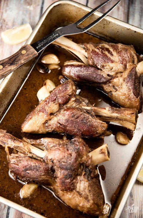 Roasted Lamb Shanks - This simple lamb roast comes out of the oven tender and ready to satisfy a serious appetite. #Paleo #Glutenfree Roast Lamb Shank Recipe, Roasted Lamb Shanks, Lamb Shank Recipe, Roasted Lamb, Lamb Shank, Roast Lamb, Lamb Dishes, Paleo Beef, Lamb Shanks