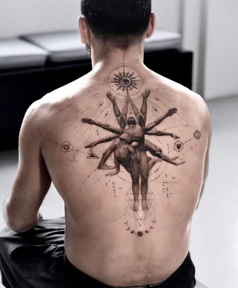 Explore the world of back tattoos: from design selection to aftercare. Dive into FAQs to make your tattoo journey informed, safe, and memorable! Third Eye Tattoos, Atlas Tattoo, Cool Back Tattoos, Buddha Tattoos, Back Piece Tattoo, Greek Mythology Tattoos, Full Back Tattoos, Cool Tattoos For Guys, 1 Tattoo