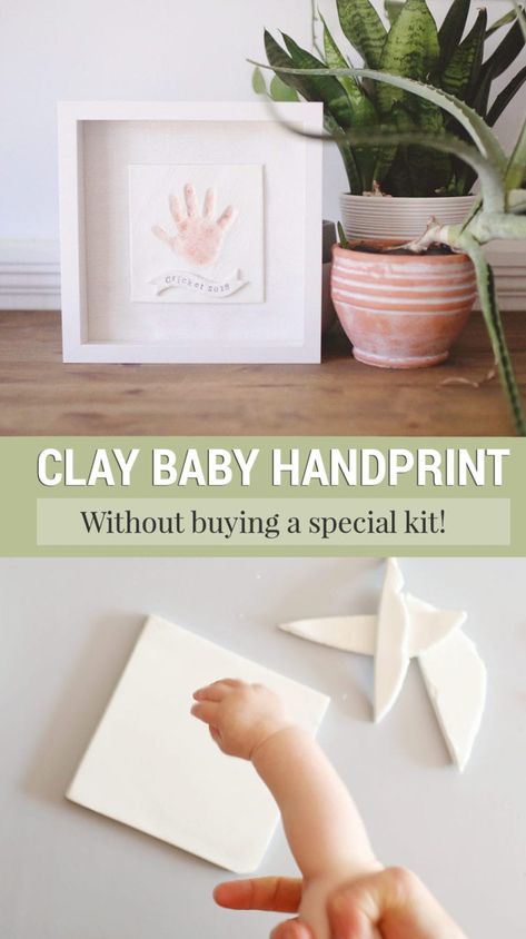 Make a DIY baby handprint or baby footprint from clay as a beautiful keepsake or Mother's Day or Father's Day or Grandparent's Day present. You don't need a special handprint kit for this adorable kids project! Treasure that tiny hand print forever! Diy Clay For Handprints, Mother’s Day Craft Newborn, Hand Print Father’s Day Gifts, Baby Craft Mothers Day, Clay Gifts For Grandparents, Hand Print Keepsake, Newborn Arts And Crafts Diy, Newborn Footprint Ideas Diy, Newborn Footprints Ideas