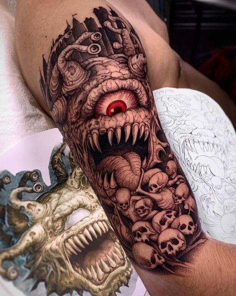 Eye Of The Beholder Tattoo, Beholder Tattoo, Nerdy Tattoos, Places For Tattoos, Army Tattoos, Belly Tattoo, Incredible Tattoos, Eye Of The Beholder, Tattoo Project