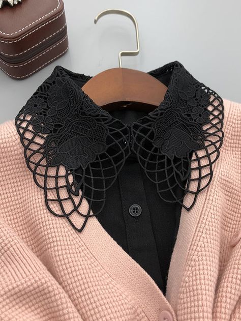 Black    Polyester  Dickey Collars on Shoulder  Non-Stretch  Women Accessories Fancy Collar Designs, Dickie Collar Outfits, Layered Collared Shirt Outfit, Dickey Collar, Fancy Collar, Collar Shirts Women, Half Shirt, Collar Accessories, Elegant Halloween