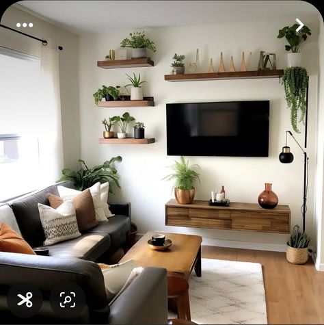 Small Living Room Ideas With Tv, Small Tv Room, Cozy Textiles, Floating Shelves Living Room, Shelves Floating, Small Living Room Layout, Saving Techniques, Design Tricks, Smart Organization