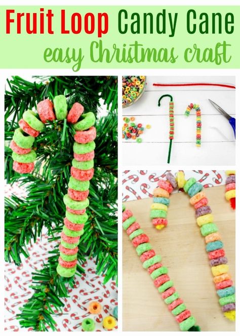 Easy Christmas Crafts for Kids - Fruit Loop Candy Cane Easy Christmas Crafts For Kids, Christmas Food Crafts, Christmas Party Crafts, Kids Fruit, Candy Cane Crafts, Fruit Candy, Fine Motor Activity, Christmas Crafts For Toddlers, Preschool Christmas Crafts