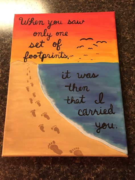 Footprints in the sand canvas Jesus Footprints In The Sand, Footprints In The Sand Painting, Footprints Quotes, Footprints In The Sand Tattoo, Lent Decor, Worship Painting, Verse Paintings, Footprints In The Sand Poem, Jesus Canvas Painting