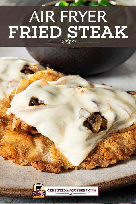 This recipe takes classic Country Fried Steak and turns cook time upside down with an air fryer. This crispy, cracker-crusted beef cutlet is served with mushrooms and Swiss cheese. #bestangusbeef #certifiedangusbeef #beefrecipe #airfryer #friedsteak #steak #countryfriedsteak Air Fryer Country Fried Steak, Beef Cutlets, Beef Appetizers, Burger Recipes Beef, Country Fried Steak, Country Fried, Cutlets Recipes, Grilled Steak Recipes, Fried Steak