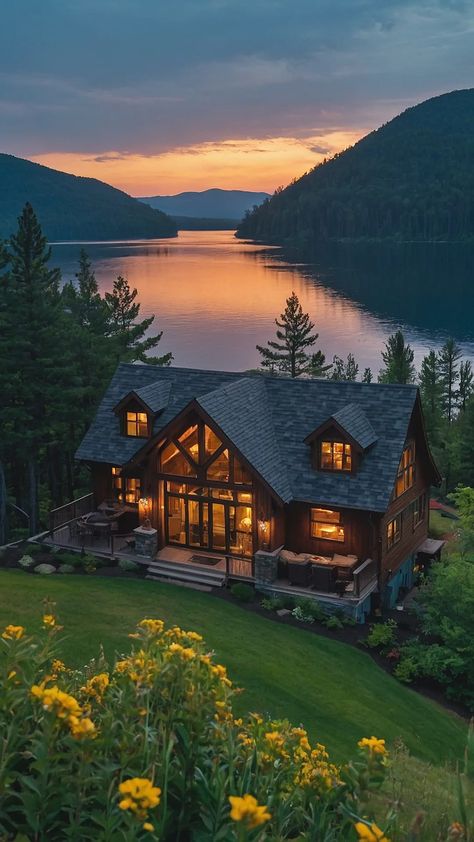 Open Floor Plans, Mountain Aesthetic Living Room, Aesthetic Lake House, Lake House Living, Mountain Lake House, Lake House Ideas, House Ideas Aesthetic, Aesthetic Lake, Mountain Aesthetic