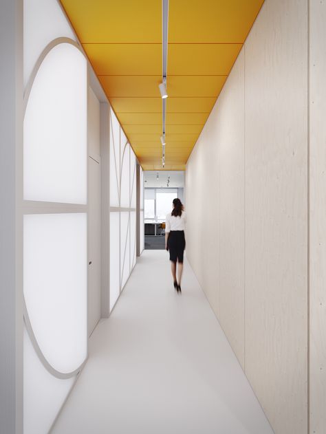 Bright Office Space, Bright Office, Yellow Ceiling, Yellow Office, Corridor Design, Open Ceiling, Hospital Interior, School Interior, Office Space Design