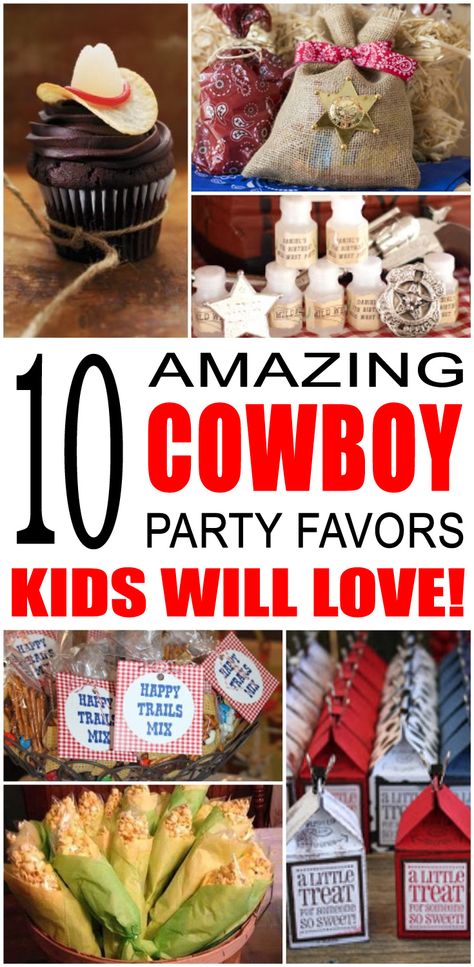 Fun cowboy party favor ideas for kids and teens. Try these simple diy cowboy and western theme party favors for boys and girls. Here are some easy gift bags, treat bags and more to say thank you to the friends of that special birthday child. Western Theme Party Favors, Cowboy Snacks, Party Favor Ideas For Kids, Western Party Favors, Cowboy Party Favors, Party Favors For Boys, Cowboy Themed Birthday Party, Rodeo Birthday Parties, Cowboy Theme Party