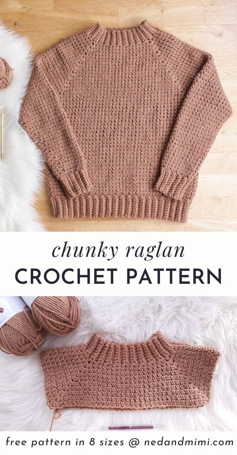 This chunky crochet raglan sweater is a cozy winter wardrobe staple! It is worked from the top down using #5/bulky yarn so it works up really quickly, and you can try it on as you go. The pattern is written for 8 sizes (XS - 4X). And the entire sweater is crocheted using a single stitch, so it's a great pattern to try if this is your first crochet sweater or pullover. Crochet Simple Sweater Pattern Free, Crochet Wool Sweater Pattern Free, Single Crochet Sweater Pattern Free, Reglan Crochet Sweater, Crochet Sweater Simple, Crochet Patterns Super Bulky Yarn, Bulky Yarn Crochet Sweater Patterns, Basic Crochet Sweater Pattern Free, Crochet Sweater Pattern Bulky 5 Yarn