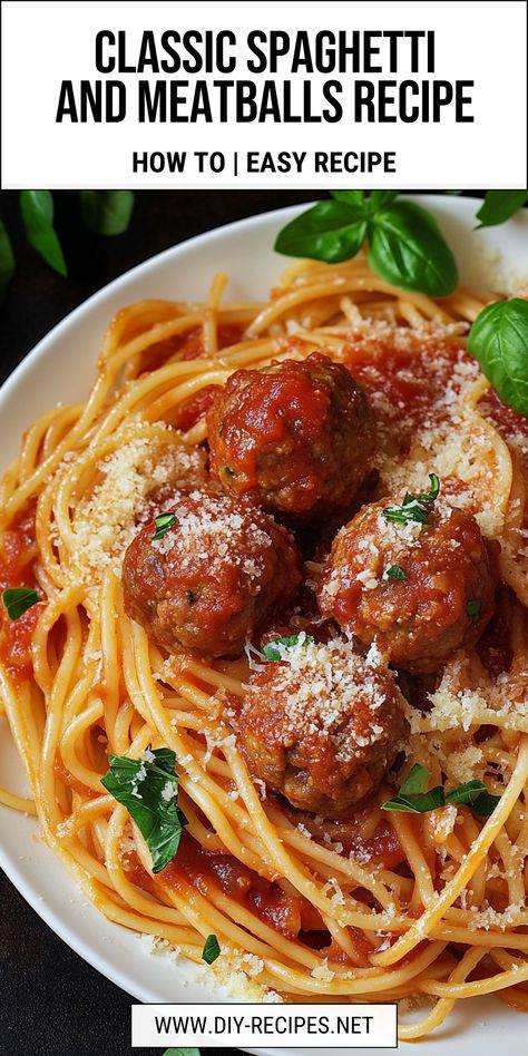 Enjoy this Classic Spaghetti and Meatballs Recipe! Juicy meatballs simmered in a rich tomato sauce, served over al dente spaghetti. Perfect for a cozy family dinner. How To Make Spaghetti And Meatballs, Meat Ball Spaghetti Recipe, Macaroni And Meatballs, Homemade Spaghetti And Meatballs Recipe, Meatball And Sauce Recipe, Best Meatballs For Spaghetti, Meatball Spaghetti Recipes, Best Spaghetti And Meatball Recipes, Easy Meatballs For Spaghetti