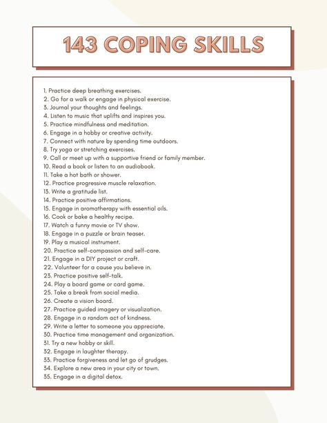 These worksheets offer 143 coping skills to use to manage or handle difficult situations, big emotions, and allow an individual a menu of options when working toward self-regulation and self-soothing. Adult Coping Skills, Coping Skills Activity, Coping Skills Worksheet, Dbt Skills Worksheets, Coping Skill, Big Emotions, Healthy Coping Skills, Skill Building, Deep Breathing Exercises