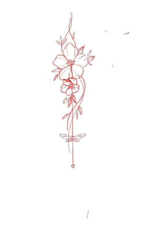 Back Tattoos Flower Spine, Red Ink Tattoos Spine, Around The Shoulder Tattoos For Women, Hibiscus Flower Spine Tattoo, Spine Tattoo Drawings, Arrow And Flower Tattoo, Straight Tattoo Design, Hibiscus Spine Tattoo, Spine Tattoos Flowers