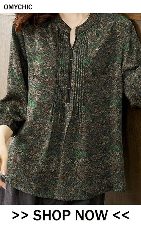 Fine Green O-Neck Print Silk Shirt Long Sleeve Ladies Tops Design, New Model Designer Dress, Dress Top Designs, Blouse Designs Cotton, Long Tops Designs, Printed Tops For Women, Long Tops For Women, Short Top Designs, Ladies Shirt Design