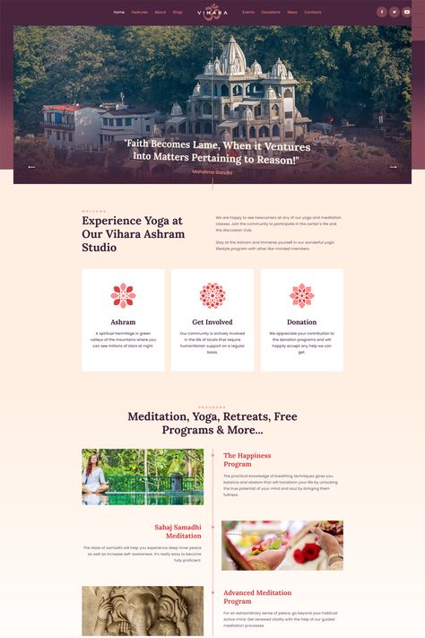 Vihara is a WordPress theme designed for Ashrams, Oriental Buddhist Temples, and spiritual retreat centers. It offers a range of features and design elements to create a serene and engaging website for promoting your spiritual teachings and activities. Spiritual Center Design, Temple Website Design, Spiritual Website Design, Spiritual Website, Johnny Lee, Buddhist Temples, Spiritual Retreat, Website Design Layout, Wordpress Theme Design