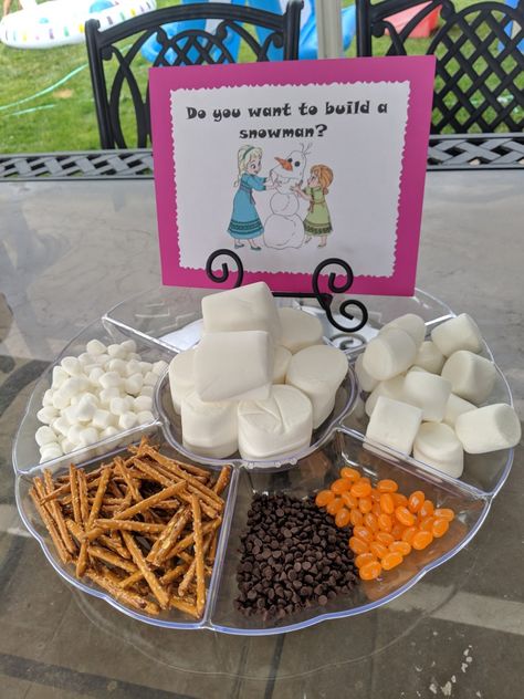 Frozen birthday, marshmallow snowman, do you want to build a snowman. Frozen Theme Punch, Disney Frozen Food Ideas, Frozen Movie Food Ideas, Snow Much Fun Birthday Party, Elsa Themed Birthday Party Food Ideas, Frozen Party Appetizers, Winter Wonderland Food Ideas Themed Parties, Frozen Birthday Snack Ideas, Fun Winter Birthday Party Ideas