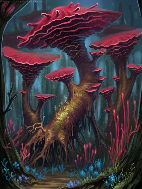 Giant Mushroom, Alien Plants, Landscape Sketch, Paintings Abstract, Fantasy Forest, Pencil Sketches, Alien Worlds, Desenho Tattoo, Fantasy Places