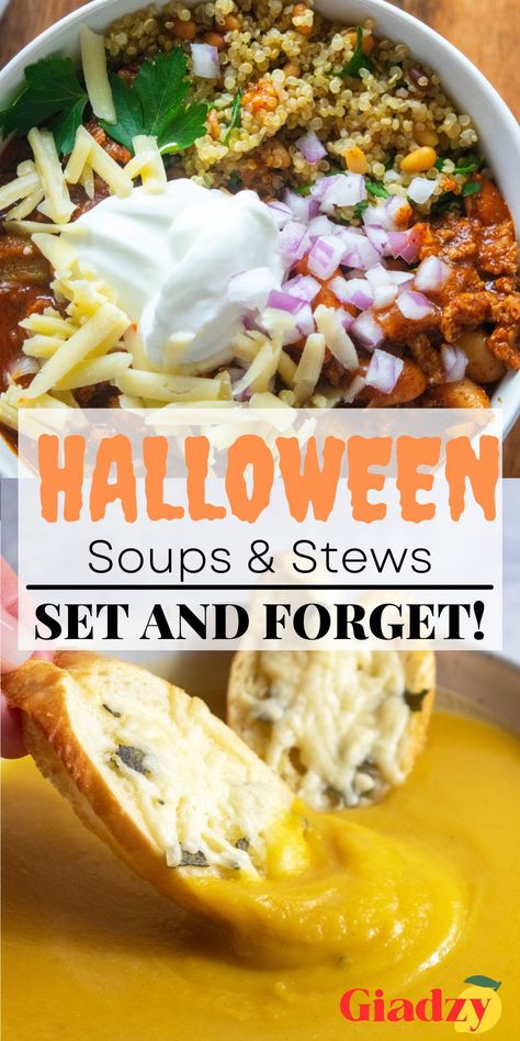 On a night full of activity like Halloween, we want easy dinners that don’t require tons of our attention (or require much effort at all!). Whether you’re going trick-or-treating, passing out candy, partying it up or staying in for a cozy night of movie-watching, these are the Halloween dinners you can set and forget on the stove, slow cooker or oven! Dinners For Halloween Night, Crockpot Recipes Halloween, Halloween Dinner Ideas Crockpot, Soup For Halloween Party, Trick Or Treat Food Ideas, Trick Or Treat Night Dinner, Halloween Soups Ideas, Halloween Dinner Crockpot, Halloween Food Crockpot