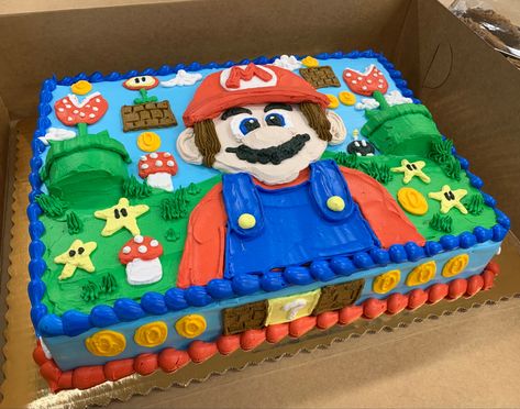 Super Mario Sheet Cake, Mario Sheet Cake, Birthday Core, Pretty Pastries, Dq Cakes, Message Cookies, Rose Cakes, Mario Birthday Cake, Mario Room