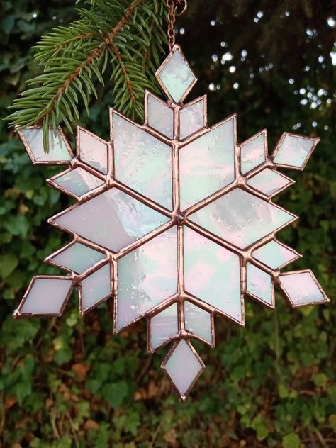 Stained Glass Single or Couple Pearlescent Snowflake - Etsy Christmas Star Stained Glass Pattern, Stained Glass Christmas Ornaments Tree Decorations, Stained Glass Tree Ornaments, Stained Glass Christmas Tree Pattern, Christmas Stained Glass Window, Stained Glass Snowflakes Pattern, Stained Glass Tree Topper, Snowflake Stained Glass Patterns, Christmas Stained Glass Ornaments