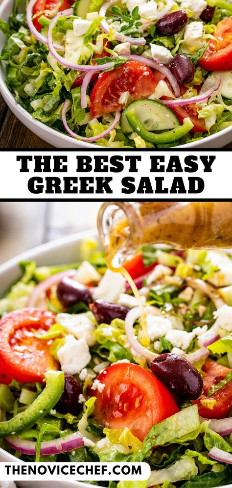 This fresh Greek salad recipe is packed with tomatoes, peppers, red onions, and creamy feta cheese. Topped with a homemade Greek dressing! Mediterranean Dressing Recipes, Greek Salad Recipe Dressing, Greek Tomato Salad, Best Greek Salad Dressing, Greek Dressing Recipe, Healthy Greek Salad, Mediterranean Salad Dressing, Easy Greek Salad, Greek Salad Dressing Recipe