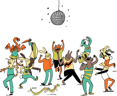 Disco Bunnies and Friends! Fun, dancing animal illustration by Nancy Lemon. Disco Party Art, Animal Dancing Illustration, Dance Party Illustration, Dancing Animals Illustration, Disco Drawing, Disco Illustration, Dancing Illustration, Dancing Cartoon, Comic Party