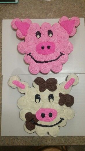 Cowboy Hat Pull Apart Cupcake Cake, Farm Themed Cupcake Cakes, Cupcake Cow Cake, Farm Pull Apart Cupcakes, Farm Cupcake Cake, Cow Cupcakes Ideas, Cow Cupcake Cake, Pig Cupcake Cake, Cow Cupcakes