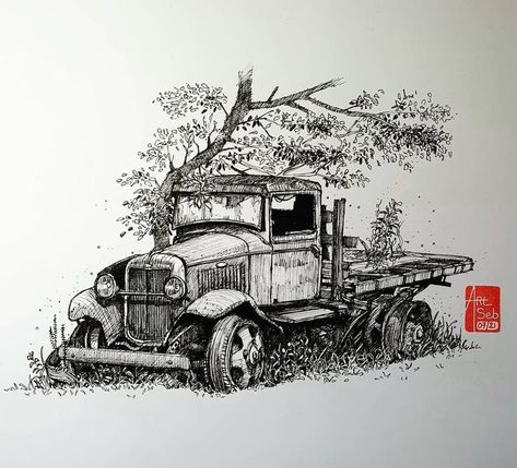 fineliner imaginative drawing Overgrown Illustration, Jeep Drawing, Bush Drawing, Landscape Pencil Drawings, Airplane Drawing, Pen Art Work, Abstract Art Images, Acrylic Art Projects, Pen Art Drawings