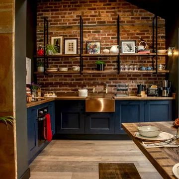 75 Kitchen with Black Cabinets and Brick Backsplash Ideas You'll Love - April, 2022 | Houzz Exposed Brick Kitchen, Brick Wall Kitchen, Brick Backsplash Kitchen, Brick Interior, Old Forge, Brick Kitchen, Brick Backsplash, Eclectic Kitchen, Black Kitchen Cabinets