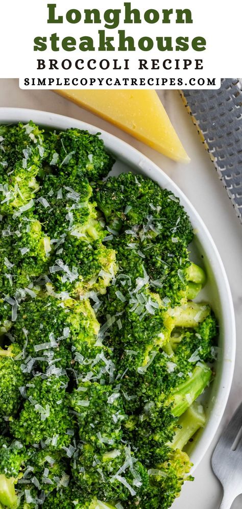 Looking to add some color to your dinner table? This copycat Longhorn Steakhouse Broccoli recipe is the answer! Fresh broccoli is cooked to a tender-crisp texture, smothered in a delicious garlic butter sauce, and topped with parmesan cheese. It's the perfect side dish for any meal. Best Seasoned Broccoli, Best Cooked Broccoli, Side Dish Broccoli Recipes, Olive Garden Broccoli Recipe, Broccoli As A Side Dish, Fresh Broccoli Recipes Sauteed, Steakhouse Vegetable Sides, Broccoli Side Dishes Healthy, Vegetable Side Dishes Broccoli