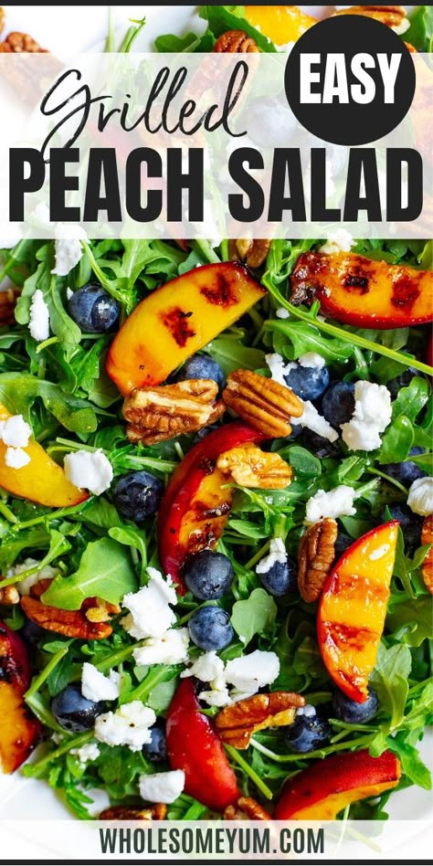 Grilled Peach Salad Spinach Nectarine Salad, Salad With Peaches And Goat Cheese, Peaches Salad Recipes, Brussel Sprout Peach Salad, Peach And Baratta Salad, Peach Green Salad, Healthy Late Summer Meals, Peach Salad With Chicken, Peach Salad With Honey Dressing