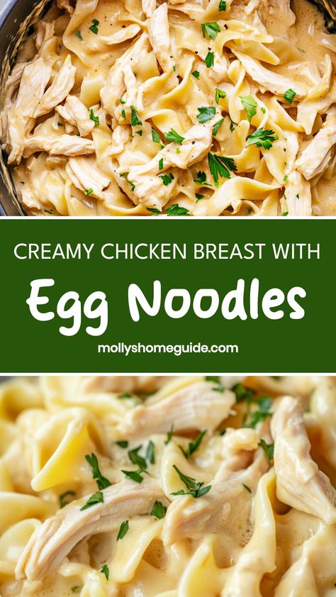 Savor the delicious combination of tender chicken breast with flavorful egg noodles in this satisfying dish. Elevate your weeknight dinner with this easy-to-make and comforting recipe that will surely become a family favorite. Whether it's for a cozy night in or a gathering with loved ones, this hearty meal is sure to impress. Indulge in the rich flavors and textures of chicken breast and egg noodles perfectly complementing each other, creating a delightful harmony of taste. Homestyle Chicken And Noodles, Egg Noodle And Chicken Recipes, Chicken Egg Noodles Recipes, Chicken With Egg Noodles Recipes, Easy Dinner With Chicken Breast, Egg Noodle Recipes Chicken, Chicken And Egg Noodles Recipe, Chicken N Noodles, Chicken With Egg Noodles