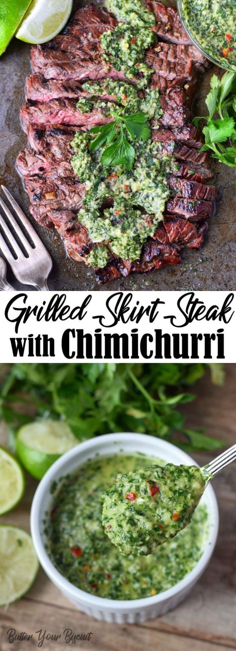 Grilled skirt steak and chimichurri Steak And Chimichurri, Skirt Steak With Chimichurri, Grilling Recipes Steak, Skirt Steak Fajitas, Steak Marinades, Steak With Chimichurri, Skirt Steak Recipes, Recipes Steak, Grilled Skirt Steak