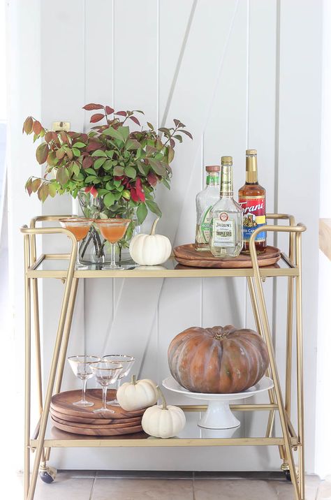 Fall Styled Bar Cart - Rooms For Rent blog Styled Bar Cart, Fall Bar Cart, Diy Bar Cart, New Farmhouse, Gold Bar Cart, Outside Bars, Apple Cider Caramels, Tea Cart, Bar Cart Styling