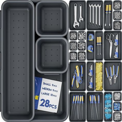 Unparalleled Organization And Storage: Say goodbye to the chaos! With 28pcs 3 sizes tool box storage bins, you'll have ample space to neatly store and categorize your tools. No more wasting time searching through messy piles or digging through cluttered boxes. You will get 10pcs 9"L x 6"W x 2"H large size boxes, 9pcs 9"L x 3"W x 2"H medium size boxes, 9pcs 3"L x 3"W x 2"H small size boxes. Making your work more efficient and enjoyable! Toolbox Organizer, Tool Box Organizer, Junk Drawers, Tool Drawers, Tool Box Organization, Ikea Alex, Tool Box Storage, Drawer Space, Organize Drawers