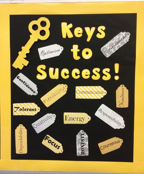 'Keys to Success' high school bulletin board. Characteristics printed on scrapbook paper and cut out in tag shapes. Counseling Bulletin Boards, Mindset Bulletin Board, High School Bulletin Boards, Growth Mindset Bulletin Board, Classe Harry Potter, Work Bulletin Boards, Ra Bulletin Boards, Bored Teachers, School Board Decoration