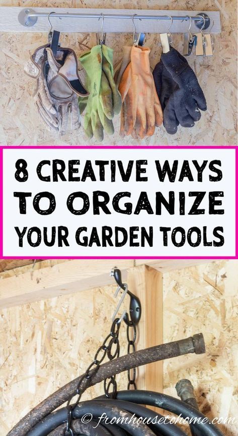 These creative garden tool storage ideas are easy and inexpensive! I'm finally going to get the garden tools organized in my shed. #fromhousetohome #gardentools #gardeningtips #storagetips #organizegardentools #gardeningideas Garden Tool Storage Ideas, Tool Shed Organizing, Tool Storage Ideas, Garden Tool Rack, Storage Shed Organization, Garden Tool Organization, Diy Rangement, Bar Diy, Shed Organization