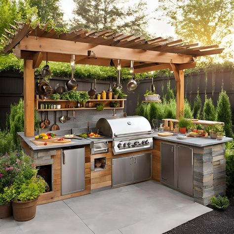 Outdoor Kitchen Ideas for a Perfect Backyard Experience Outdoor Kitchen With Sink And Fridge, Back Patio Ideas With Grill, Outdoor Kitchen Corner Ideas, Screened In Pool With Outdoor Kitchen, Backyard Outdoor Kitchen Ideas, Outdoor Pergola Kitchen, Outdoor Kitchen Small Space, Outdoor Small Kitchen, Backyard Grill Area