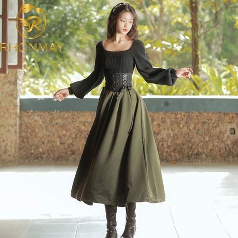 maxi dress set Elfcore Outfits, Medieval Outfit Women, Medival Outfits Women, Sweater Corset, Casual Fantasy Clothing, Medieval Outfit, Knitted Two Piece, Skirt Matching Set, Knitted Sweater Dress