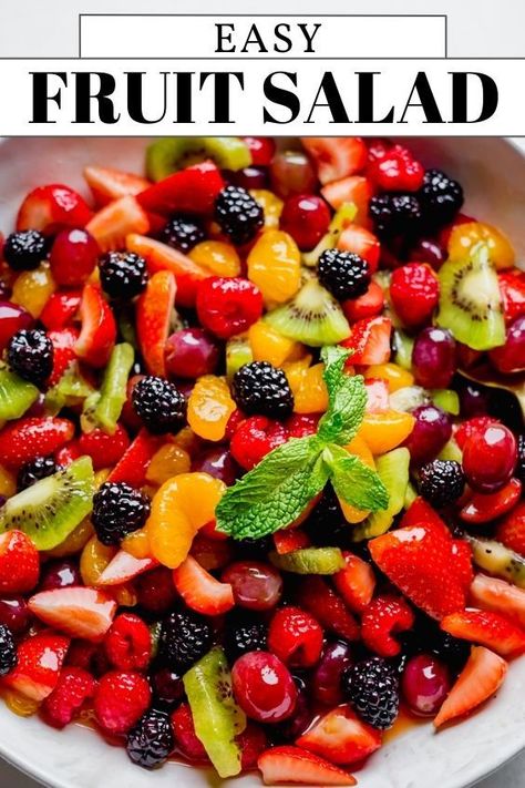 Easy Fruit Salad Recipe – Enjoy this colorful fruit salad with an easy homemade syrup for breakfast, brunch, or dessert. Topped with mint leaves, the flavors are light, sweet, and fresh! Easy Homemade Syrup, Brunch Fruit Salad, Spring Fruit Salad, Summer Brunch Recipes, Breakfast Fruit Salad, Fruit Salad Ingredients, Easy Fruit Salad, Brunch Salad, Fresh Fruit Desserts