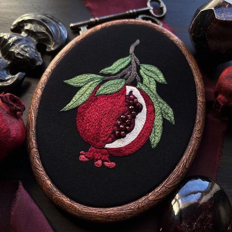 𝒍𝒚𝒍𝒂 on Instagram: "Happy Winter Solstice 🤍 I recently finished this long awaited pomegranate piece! My pom designs have always featured the singular fruit, but I thought it would be fun to depict one on a branch (oh how delightful it would be to have a pomegranate tree!); I actually drew the design for this over two years ago, so my visions & desire to bring this to life have been brewing for quite a while ~ I don’t often use red in my work, especially in such a large quantity, so embroide Pomegranate Decor, Happy Winter Solstice, Pomegranate Art, Pomegranate Design, Denim Bag Patterns, Digital Embroidery Patterns, Twinkling Stars, Happy Winter, Antique Keys