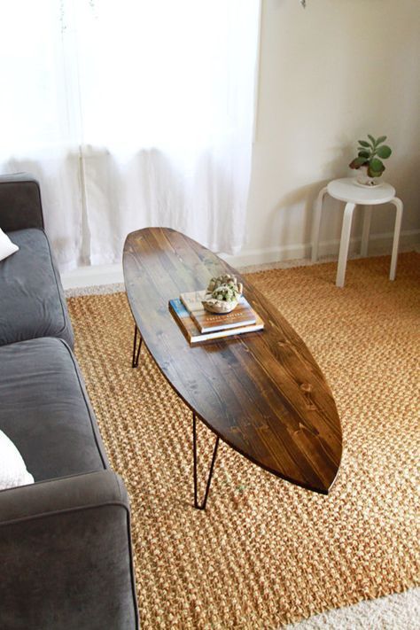 5 Creative Ways to Incorporate a surfboard into your interior design Surfboard Coffee Table, Surf Room, Surf Decor, 아파트 인테리어, Diy Coffee Table, Hairpin Legs, Diy Furniture Projects, House Bathroom, Coffee Table Design