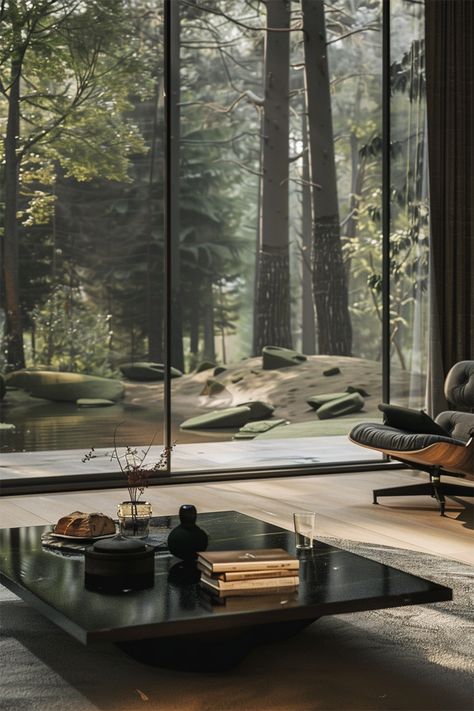 Forest Retreat • A modern lounge seamlessly integrating with a serene forest landscape • Full-height glass panels invite the outside in, blurring boundaries • Mid-century modern chair offers repose, a statement of style and comfort • Minimalist coffee table centers the space, adorned with simple, natural decor • Sunlight and shadows dance across the sleek floor, mirroring the forest's calm • A sanctuary of design and nature, where tranquility reigns and time stands still. Living Room Forest, Room Forest, Forest Retreat, Serene Forest, Time Stands Still, Minimalist Coffee, Minimalist Coffee Table, Natural Decor, Forest Decor