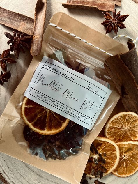 Get ready to release the aromas of Christmas with our mulled wine spice kit. Simply add warm red wine or apple juice to our festive blend of spices to create the perfect winters night treat. Enough to do a bottle of wine or 1 litre of mulled cider/apple juice, which means you can keep going back for more of this traditional winter warmer. Each kit comes with the below;  Star anise  Cinnamon Cardamom Cloves Orange Cranberries  Bay leaves Recommended use as below; Heat your choice of wine or fruit juice on a low heat for 5 minutes. Add the spices to a pan, we also recommend 2 tablespoons of brown sugar, if you like it sweet!  Simmer for a minimum of 5 minutes to release the spices, then take off the heat when you reach your desired strength! Drain through and serve in your favourite Christma Mulled Wine Spice Bags, Mulled Wine Kit Gift, Christmas Wine Night, Mulled Wine Kit, Christmas Party Favours, Alternative Wedding Favors, Mulled Wine Spices, Wine Flask, Spiced Wine