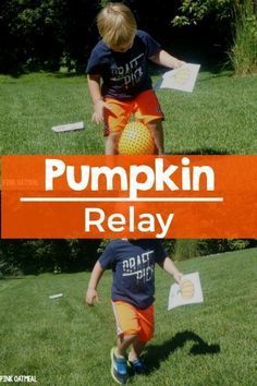 Halloween Themed Gross Motor Game - Pumpkin relay. Could also be used as a fall themed gross motor game. Fall Party Games For Kindergarten, Halloween Pe Games For Kindergarten, Pumpkin Olympics, Preschool Pumpkin, Pumpkin Game, Pumpkin Run, Pink Oatmeal, Pumpkins Preschool, Fall Festival Games